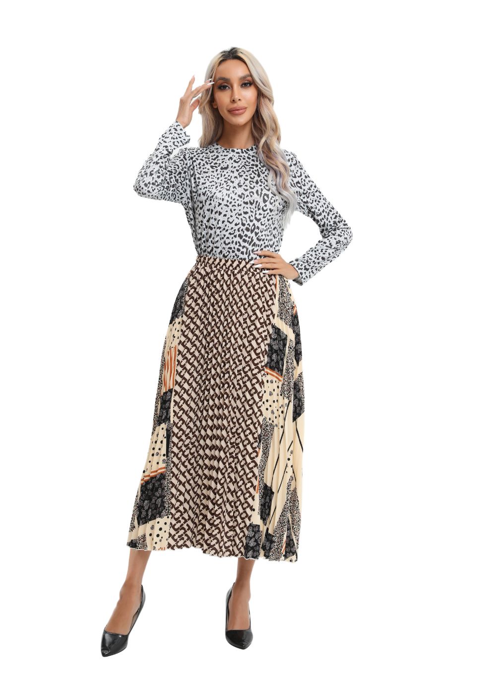Laloupevintage Mixed Print Midi Pleated Skirt | Bold Patterns & Flowing Elegance
