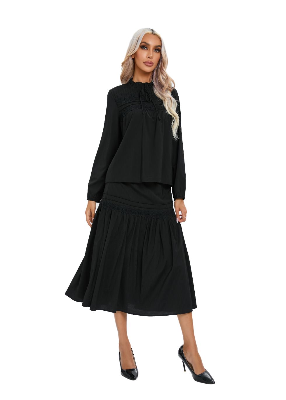 Laloupevintage Elegant Black Lace Detail Two-Piece Set | Sophisticated & Timeless