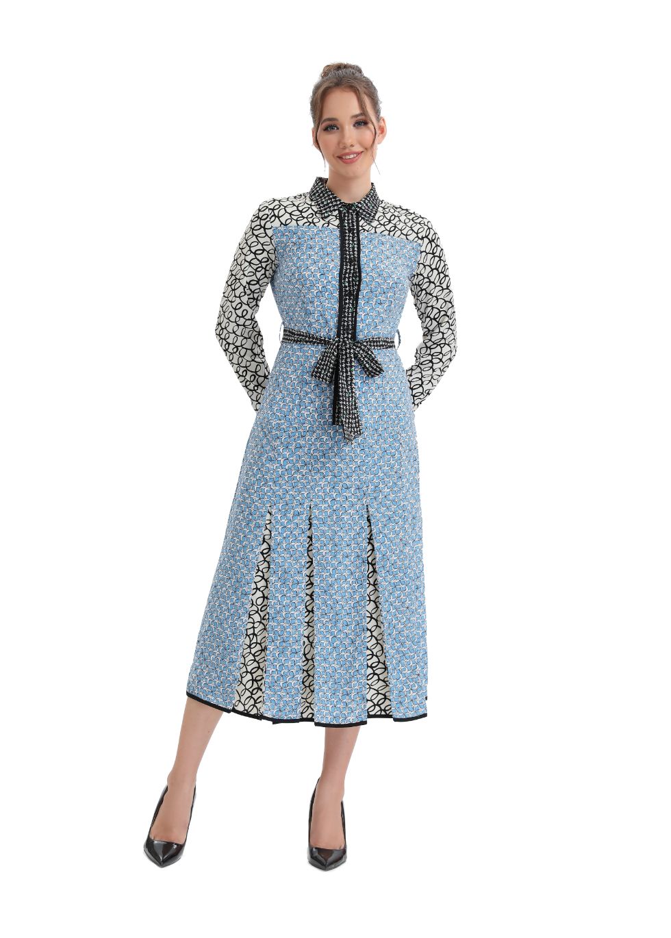 Laloupevintage Sky Blue Pleated Midi Dress with Self Tie | Elegant & Flattering Silhouette